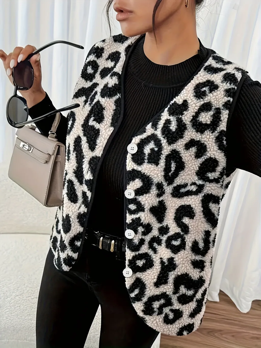 Women's Leopard Print Winter Mid-length Imitation Fur Vest Jacket - Leopard