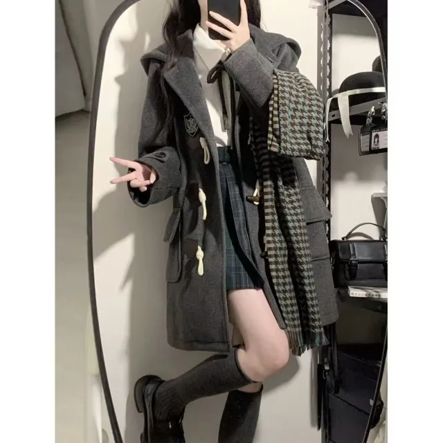 Japanese Jk Hooded Horn Button Woolen Coat Gray - Shop at LoveMi
