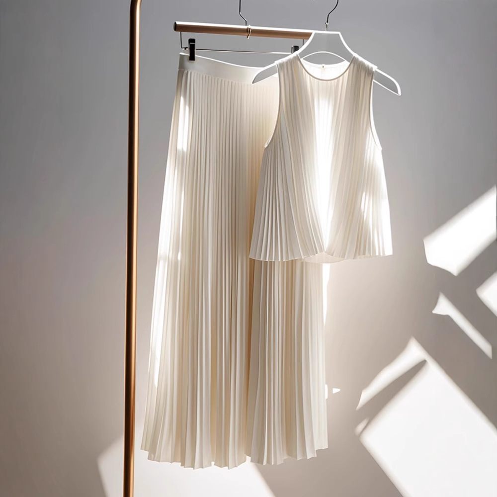 Popular White Pleated High-end Coat Skirt Two-piece Set
