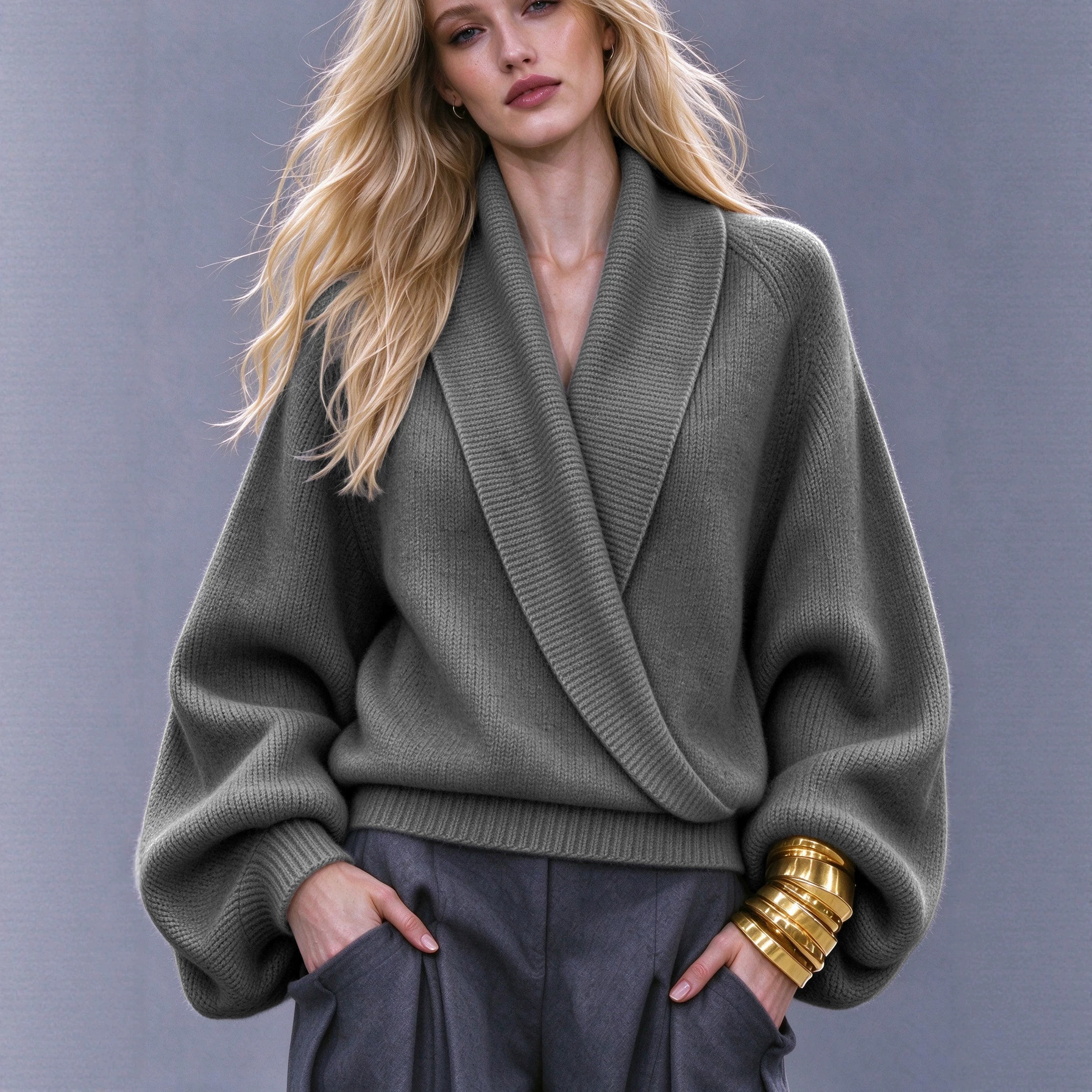 Solid-color Crossover Gray Loose-fit Hooded Knit Sweater Coat