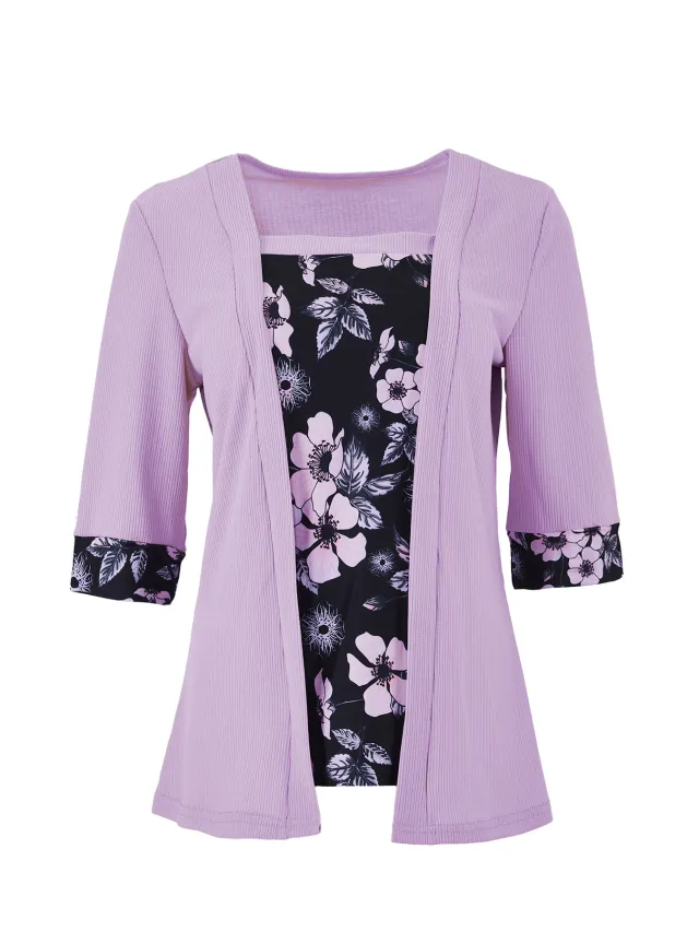 Women's Fake Two piece Five quarter Sleeve Printed Top T shirt Light Purple - Shop at LoveMi