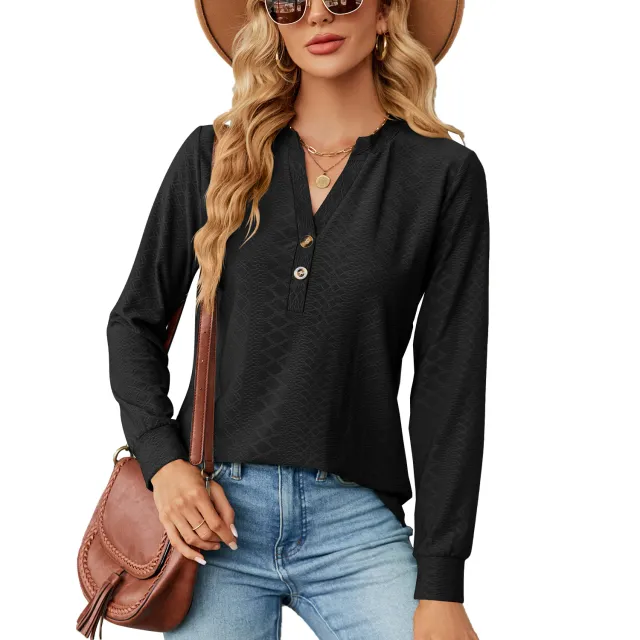Solid Color And V neck Button Jacquard Loose Long Sleeve Top Black - Shop at LoveMi