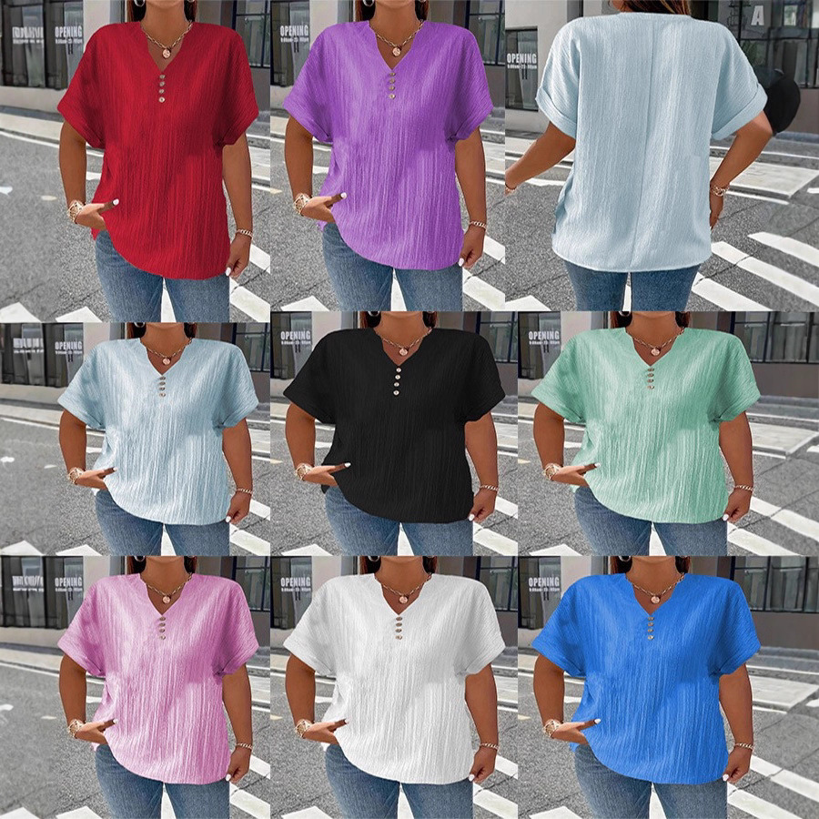 Fashionable Casual Solid-color V-neck T-shirt With Buttons