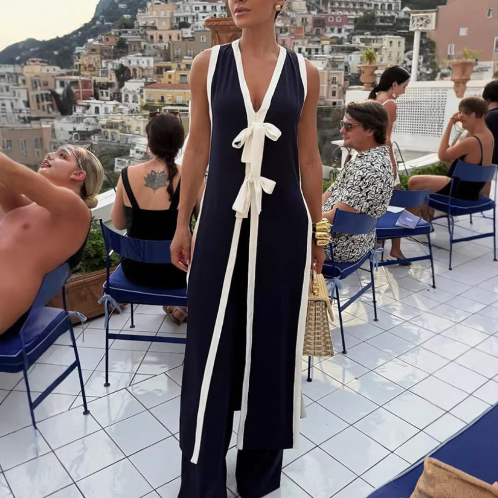 Womens V-neck Color-block Casual Dress