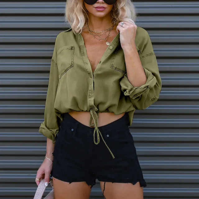 Fashion Casual Versatile Double Pocket Loose Shirt Olive - Shop at LoveMi
