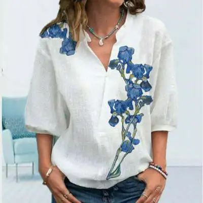 Printed V-neck Mid Sleeved Casual Loose Fitting Shirt - White