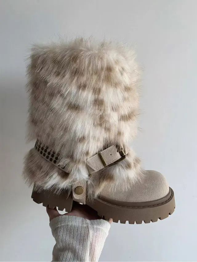 Winter Warm Furry Anti slip Snow Boots For Women Beige - Shop at LoveMi
