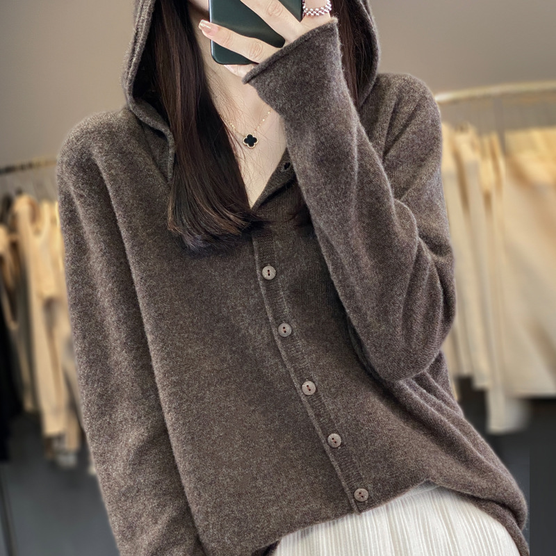 Pure Wool Sweater Women Cardigan Autumn And Winter Sweater Mocha M - Shop at LoveMi