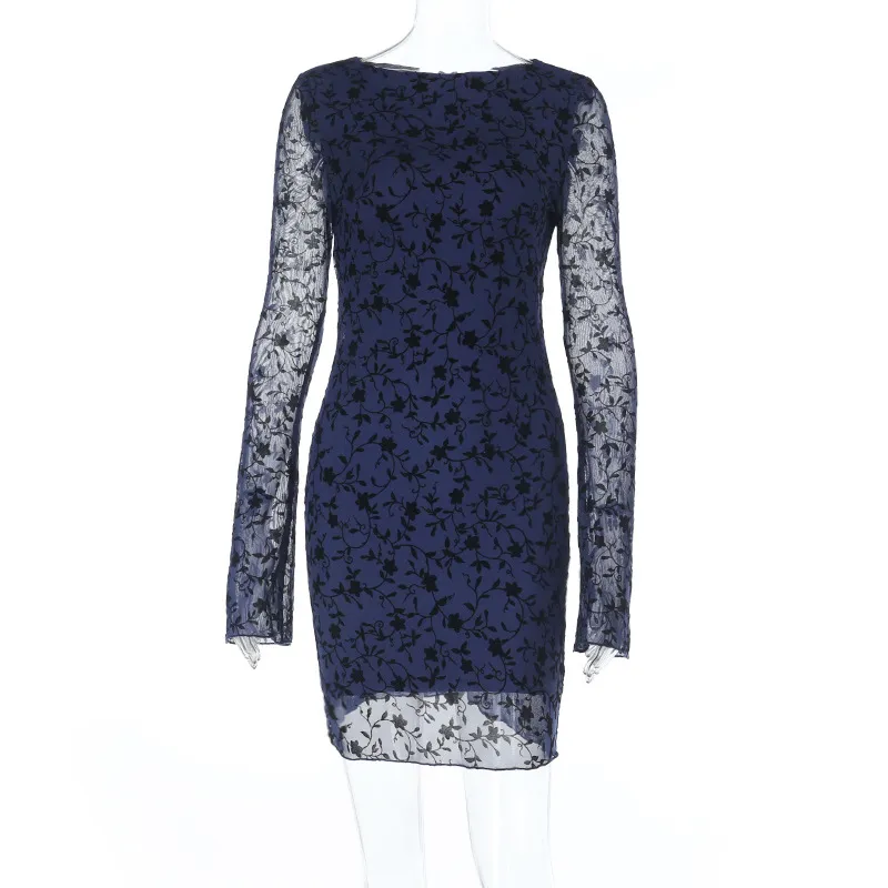 Women's Printed Long Sleeve Dress - Blue