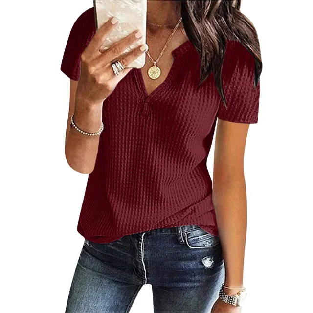 Women's Shirt V neck Fashion Short Sleeve Wine - Shop at LoveMi