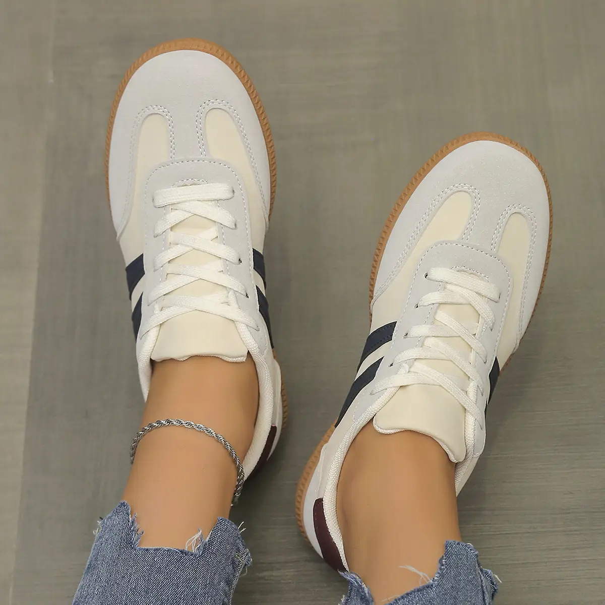 Color-blocked Retro Skate Shoes German-style White Sneakers For Women