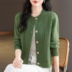 Loose And Lazy Round Neck Stylish Versatile Cable Knit Sweater - Green - View 1