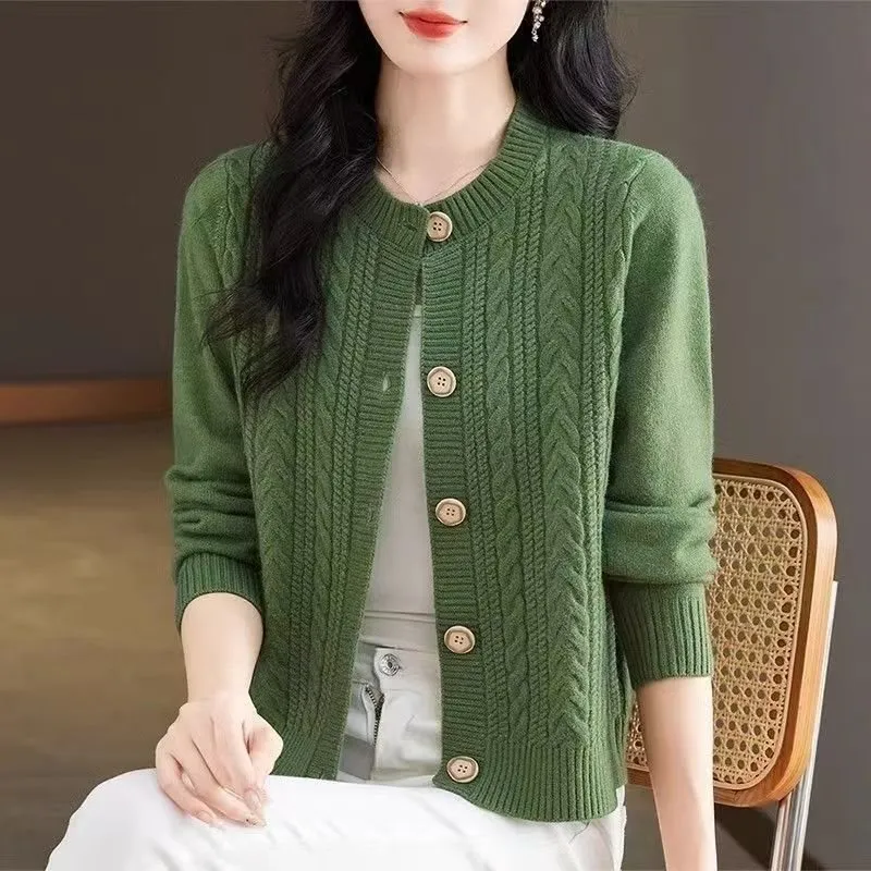 Loose And Lazy Round Neck Stylish Versatile Cable Knit Sweater - Green