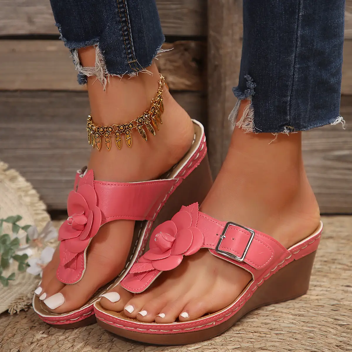 New Flower Belt Buckle Casual Solid Color Retro Herringbone Slippers