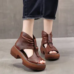 Summer Roman Style Peep Toe Chunky Heel Platform High-top Height Increasing Sandals - Brown - View 1