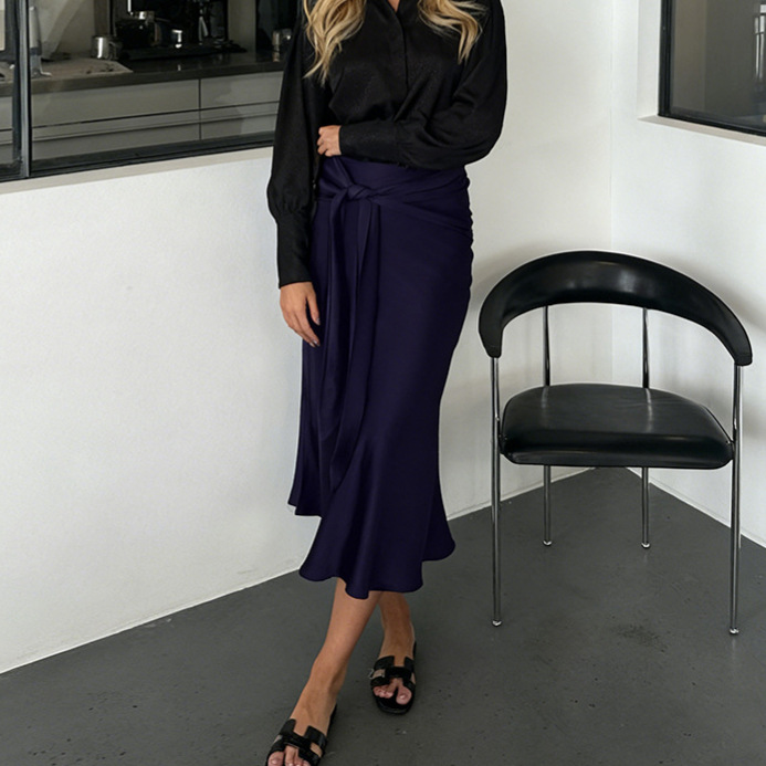 High-waisted Silk Navy Blue Wrap Skirt