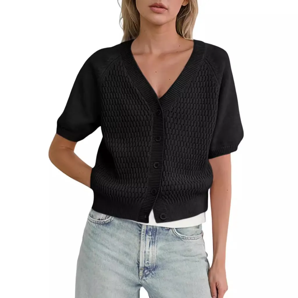 V-neck Hollow Short Button Down Puff Sleeve Shirt - Black