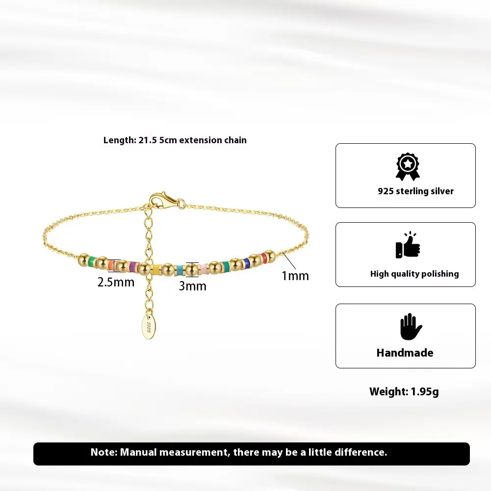 Color Round Polished Beads S925 Sterling Silver Anklet