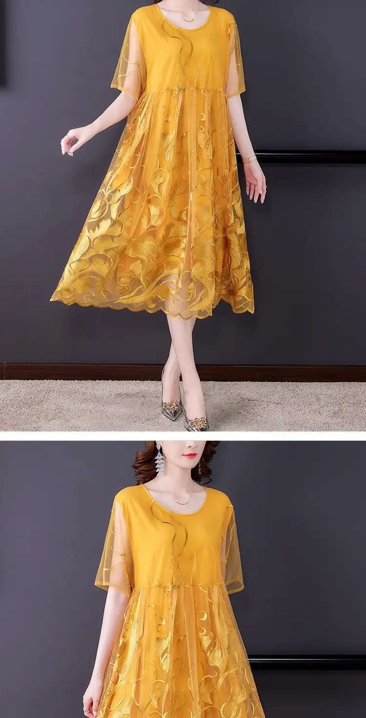 Machine Embroidery South Korea Mesh Embroidered Dress Mid-length Temperament Slimming Western Style Oversized Women's Clothing Fairy Skirt