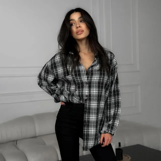 Fashion Stick on Crystals Loose Plaid Shirt Retro Black And White Plaid Shirt White - Shop at LoveMi