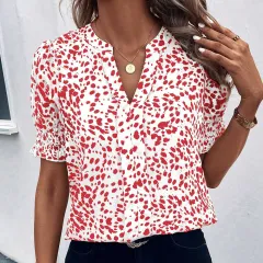 Women's Casual V-Neck Printed Pleated Short-Sleeve Chiffon Blouse - White - View 1