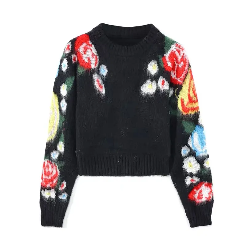 Sweet Art Flower Mohair Pullover Crew Neck Sweater - Black