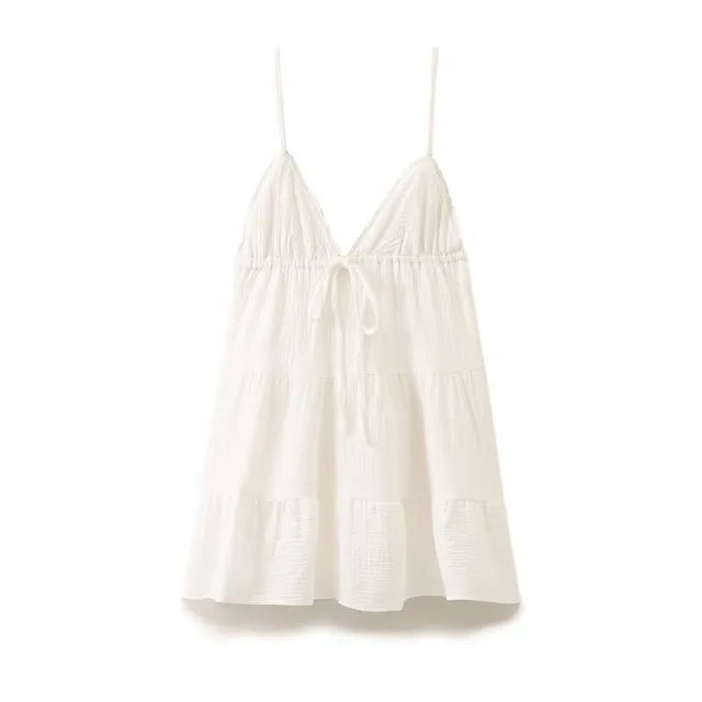 V neck Layered Splicing Sling Short Dress Beige - Shop at LoveMi