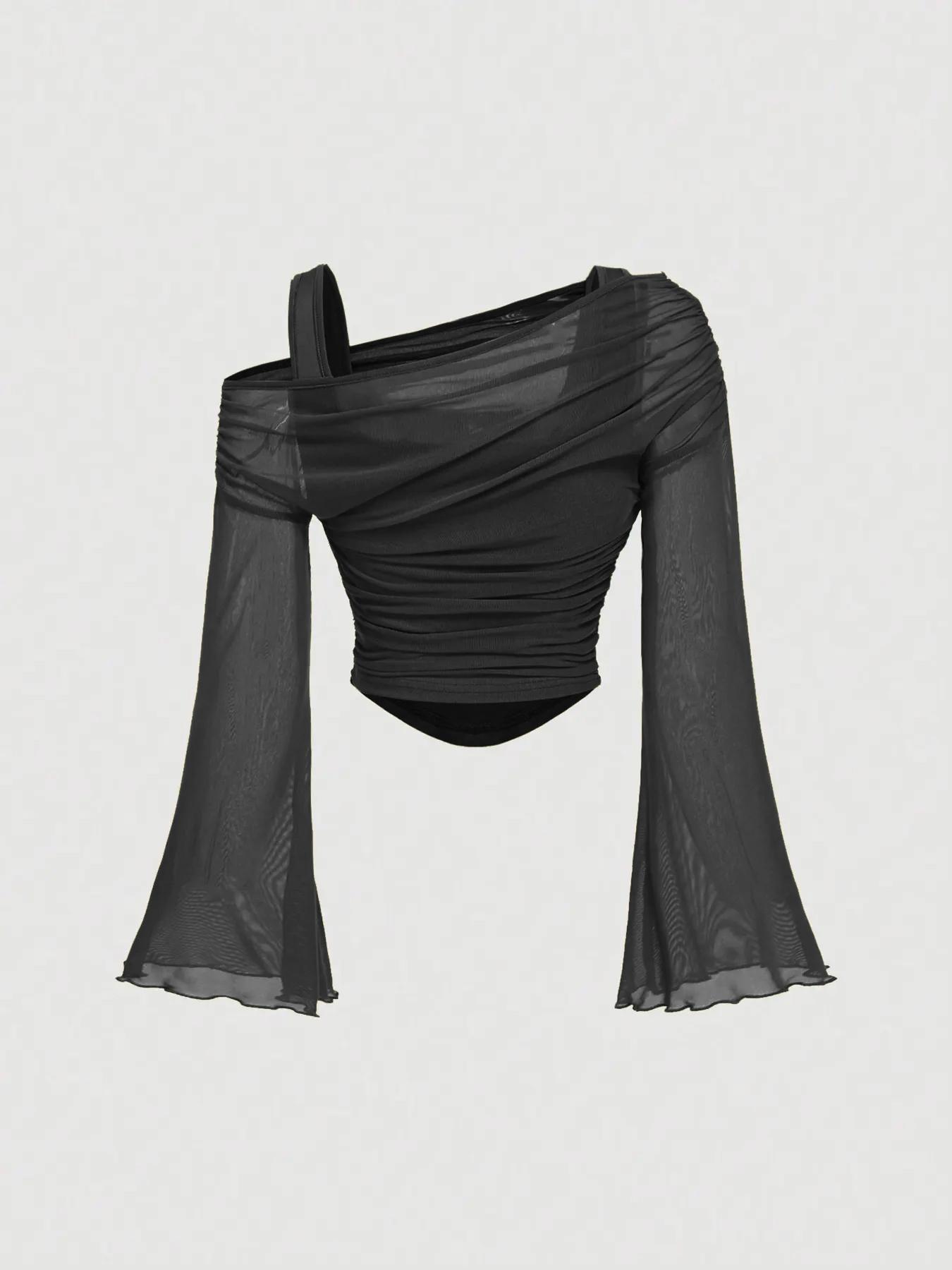 Women's slim fit knit top – mesh neck and pleated detail close-up
