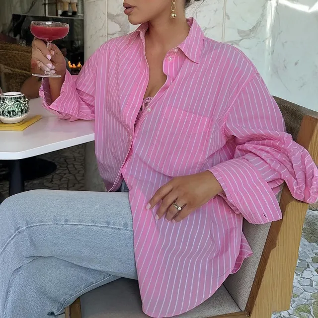 Loose Printed Striped Contrast Color Long Sleeves Women's Clothing Pink - Shop at LoveMi