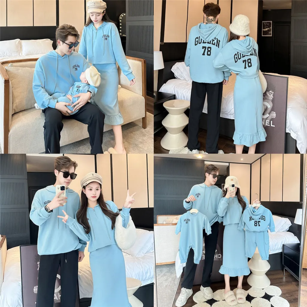 Mother-daughter Dresses Fall Outfits Family-of-three Sets - Blue