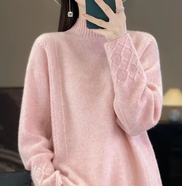 Retro Jacquard Knitted HalfHigh Neck Base Sweater Loose Effortless Base Top Flower Pink - Shop at LoveMi