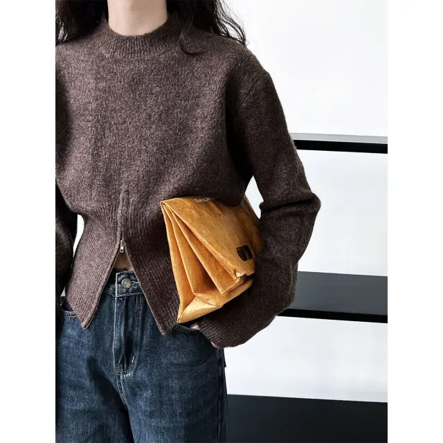 New Autumn Split zip Short Sweater Brown - Shop at LoveMi