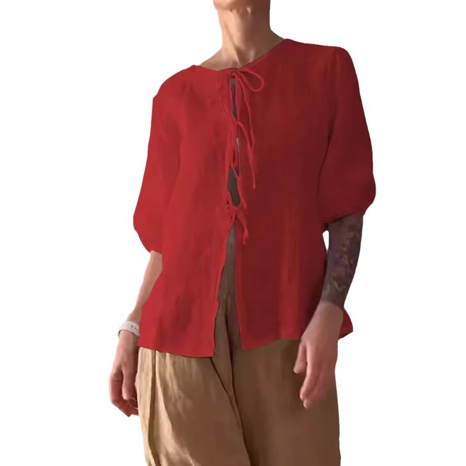 Fashion Casual Solid Color Round Neck Tied Shirt High Waist Wide Leg Pants