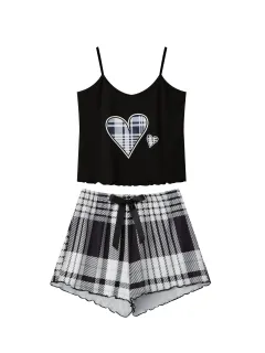 Casual Home Sling Dress With Heart Pattern Shorts Two-Piece Set - Black - View 1