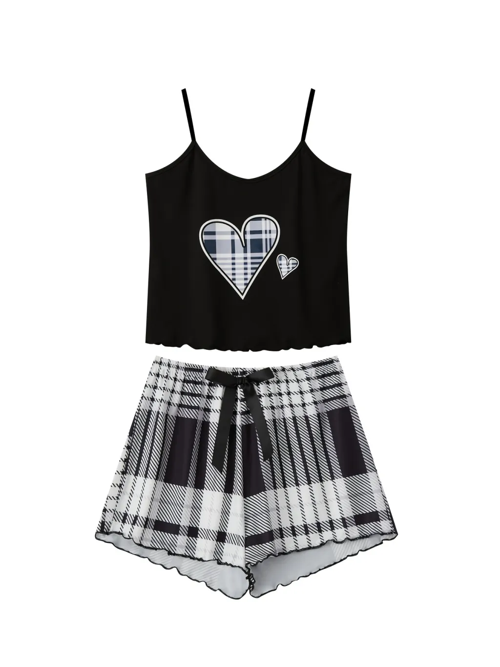 Casual Home Sling Dress With Heart Pattern Shorts Two-Piece Set - 600801 Black