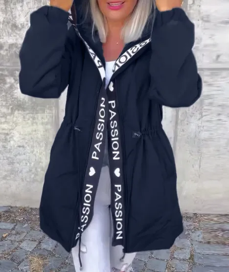 Women's Letter Pocket Hooded Drawstring Zipper Jacket Navy Blue - Shop at LoveMi