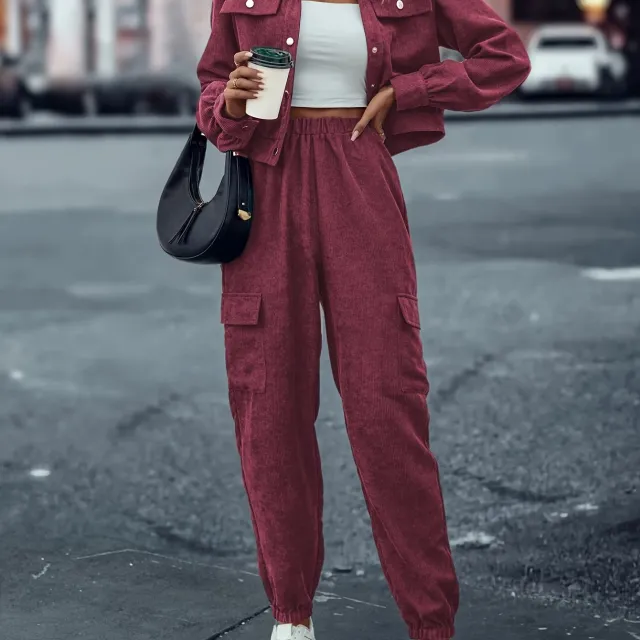 Women's Casual Suit Long sleeved Single breasted Jacket And Cargo Pants Wine Red - Shop at LoveMi
