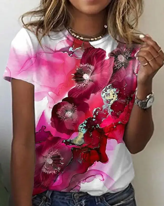3D Printed Loose Round Neck Short Sleeve T shirt Top F169P148 - Shop at LoveMi