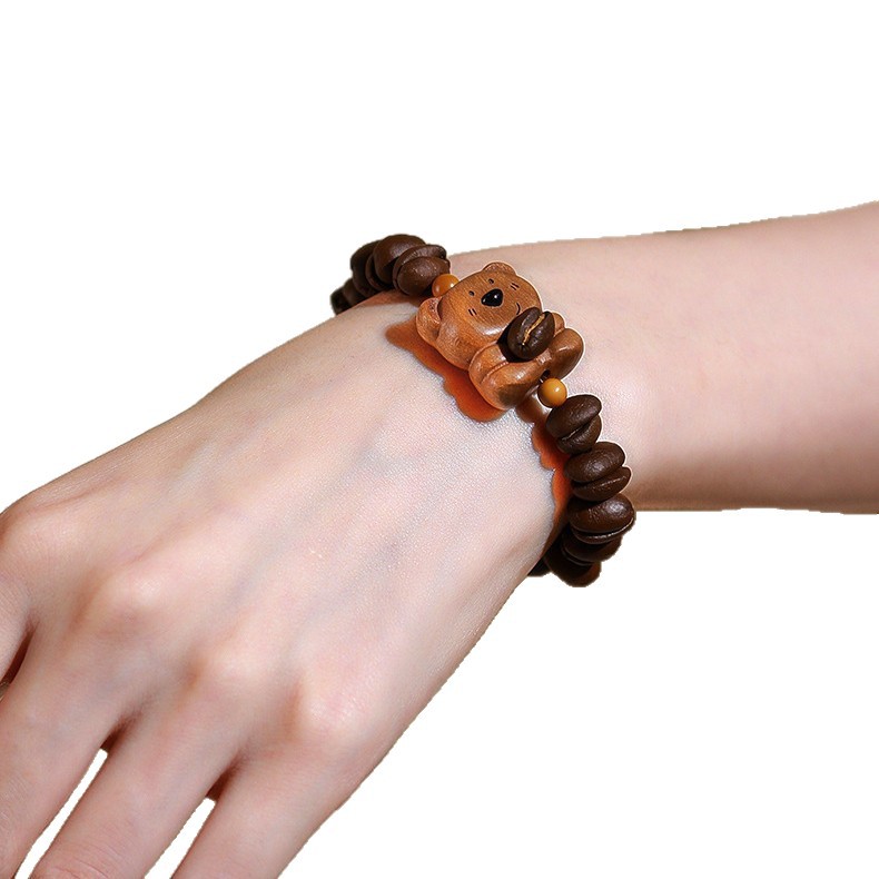 Handcrafted Peachwood Bear Head Bracelet with Natural Coffee Bean Beads 6