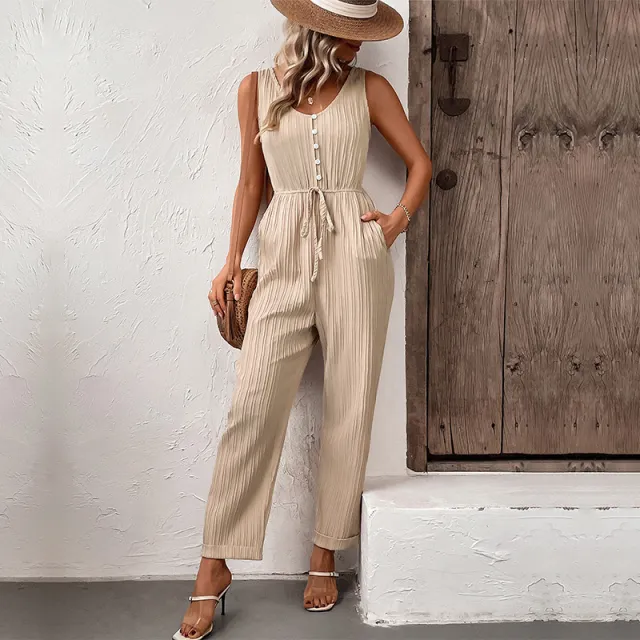 European And American Style Pleated Solid Color Suspender Jumpsuit Apricot - Shop at LoveMi