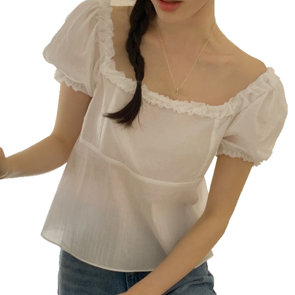 Wood Ear Mushroom-patterned Ruffled-trim Square-neck Puffed-sleeve Shirt 6