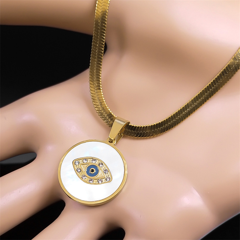 Crystal Shell Necklace Women's Round Stainless Steel Gold Plated