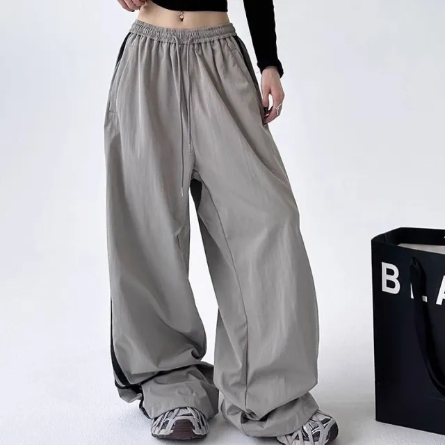 Cargo With Side panel Stitching Street style Athletic Fashion Brand Loose fitting High waist Casual Wide leg Pants Light Gray - Shop at LoveMi