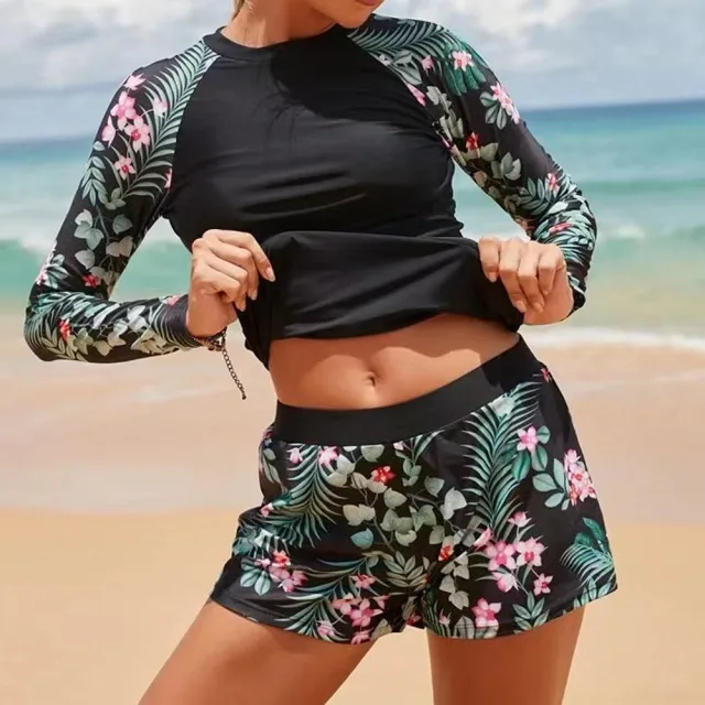 Women's Long Sleeve Digital Print Conservative Ladies Separate Bikini Swimwear Black - Shop at LoveMi