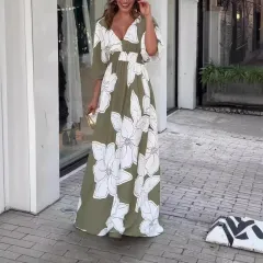 Flower Printed V-neck Batwing-sleeved Dress Fashion Elegant Backless Long Dresses Women's Clothing - Gray Bottom With Flowers - View 1