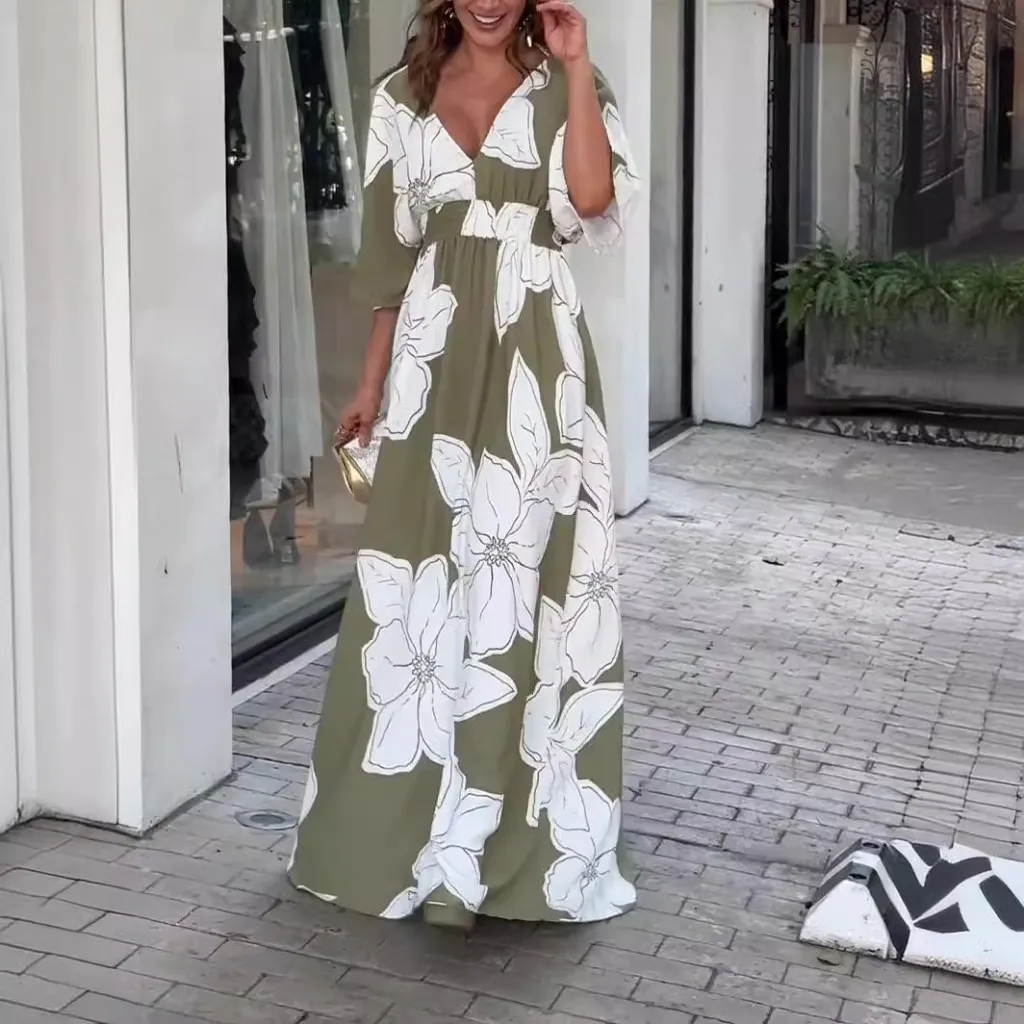 Flower Printed V-neck Batwing-sleeved Dress Fashion Elegant Backless Long Dresses Women's Clothing - Gray Bottom With Flowers