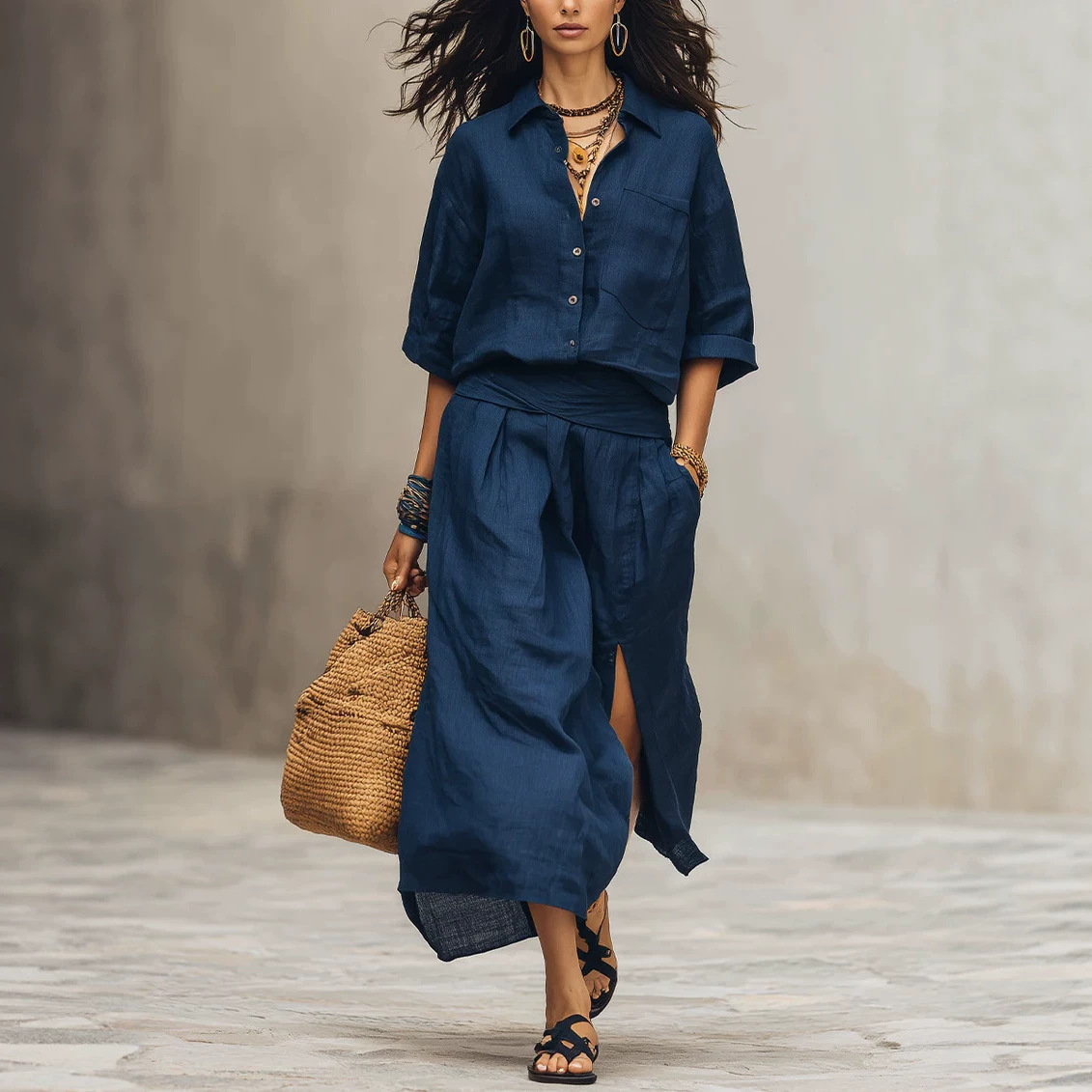 Three-quarter-sleeve Shirt And High-waisted Slit Skirt Two-piece Set