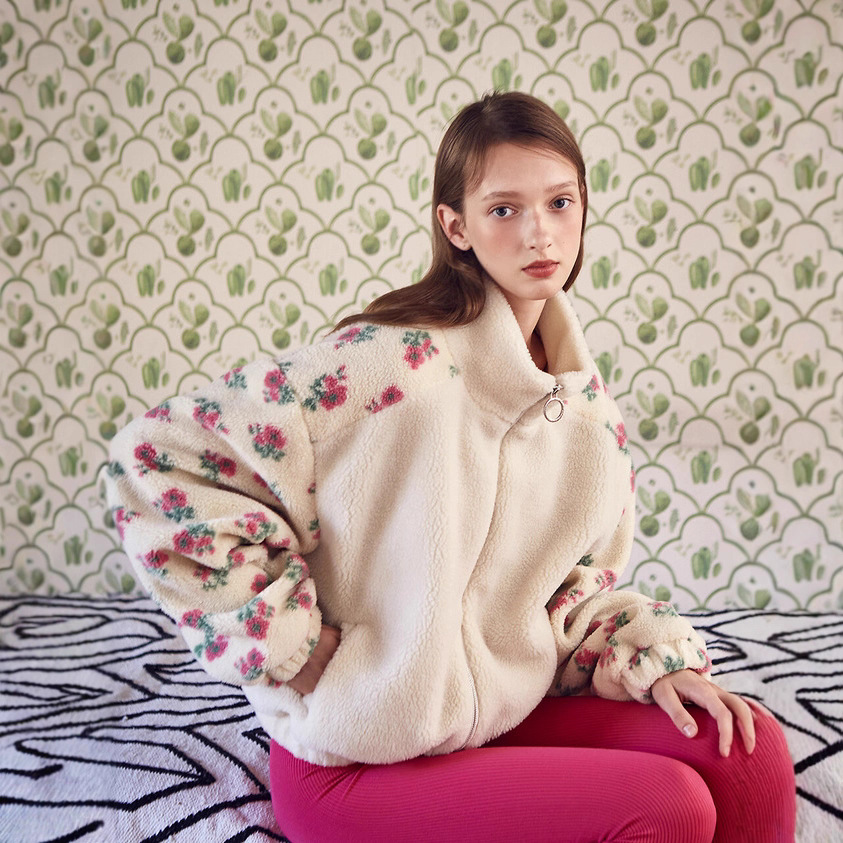 Womens Fashion Loose-fitting Polar Fleece Patchwork Floral Jacket