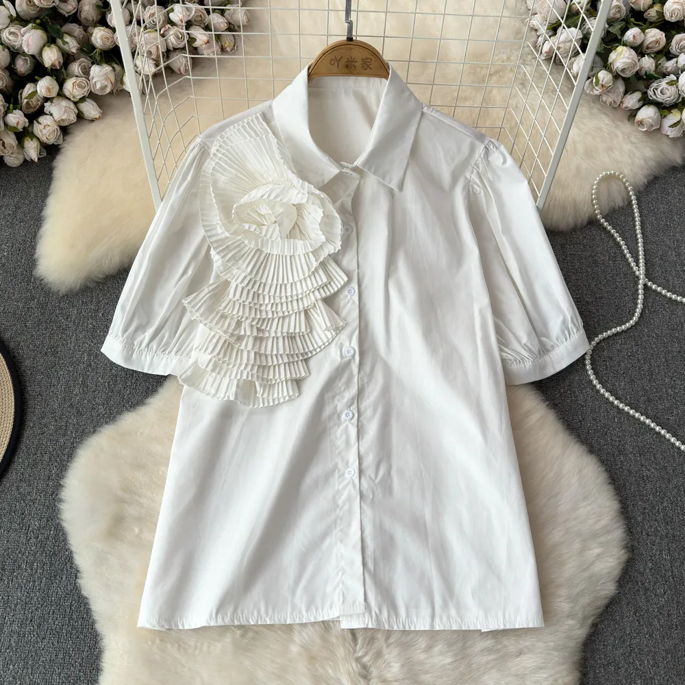 Heavy Industry Three-dimensional Flower Lapel Pleated Slim Top - White