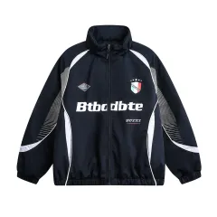 Splicing Gradient Letter Cotton Padded Loose Stand Collar Jacket - Blue - View 1